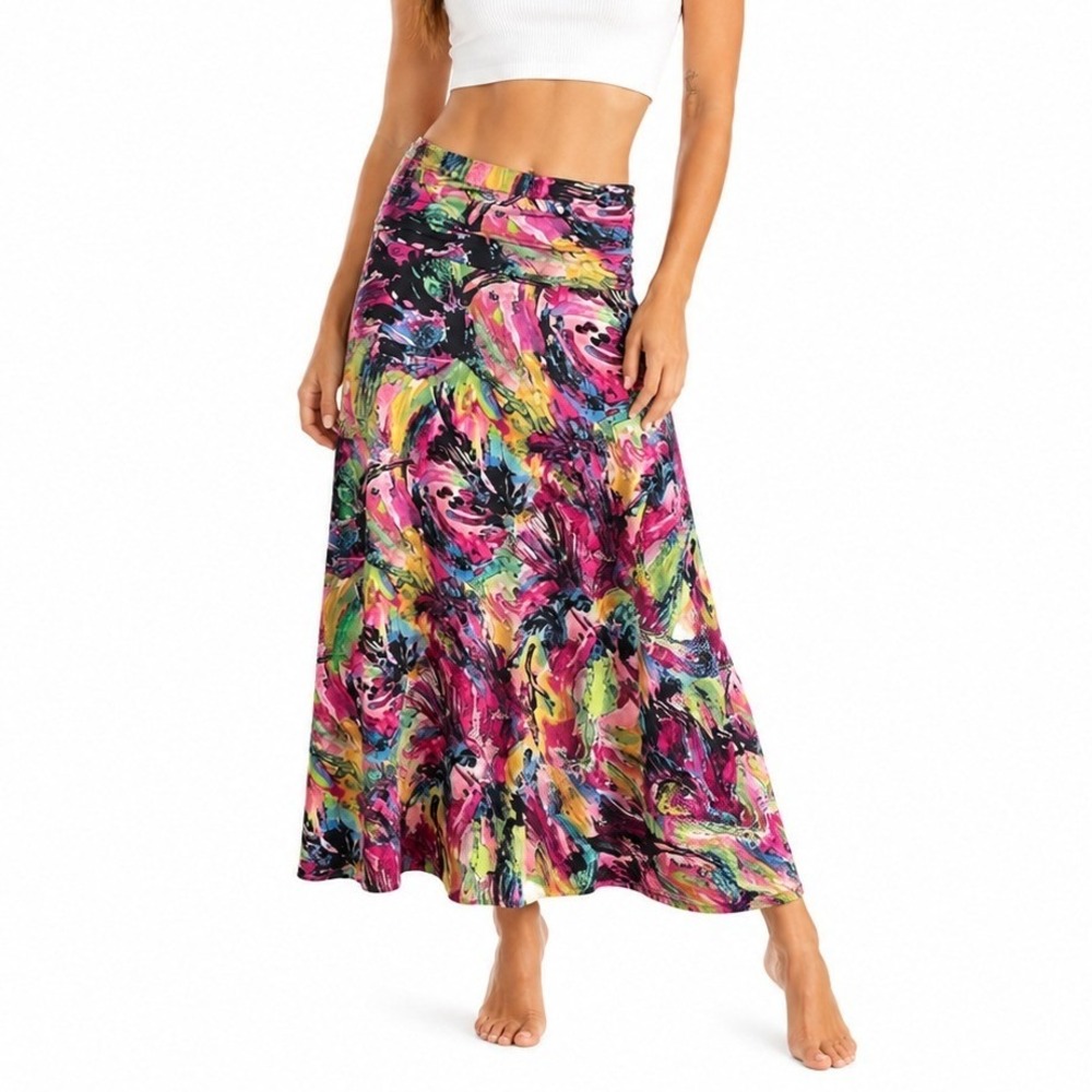Isle Apparel Maxi Skirt Women M Multicolor Festival Ruched Fit Flare Y2K Boho